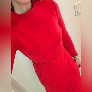 Vintage McMullen shift wiggle dress red studded trim 6